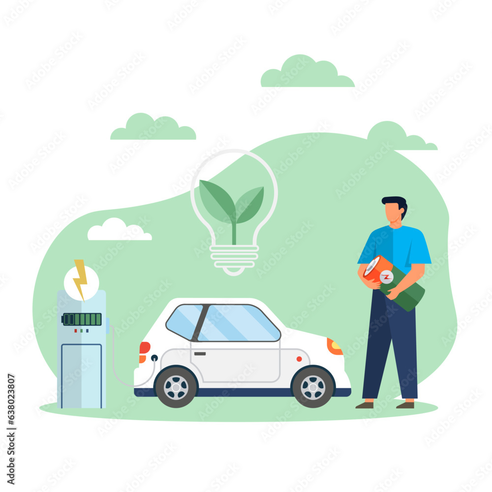 Electric car charging its battery, male driver standing next to electric trolley. Green environment, ecology, sustainability. Environmentally friendly transport powered by renewable energy sources