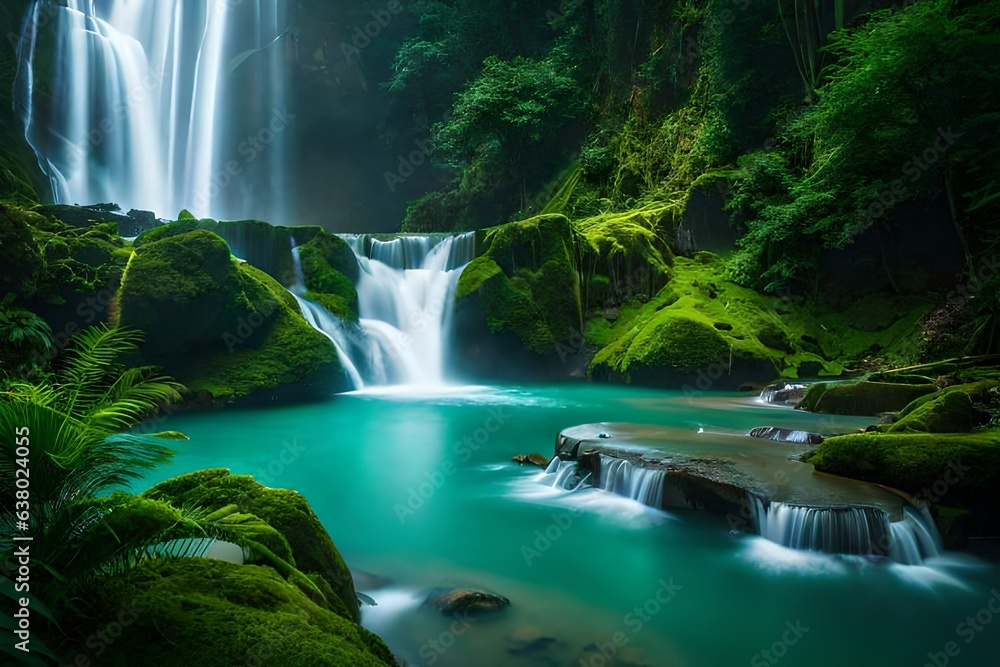 Vibrant jungle waterfall surrounded by lush vegetation generated by AI tool Vibrant jungle waterfall surrounded by lush vegetation generated by AI tool