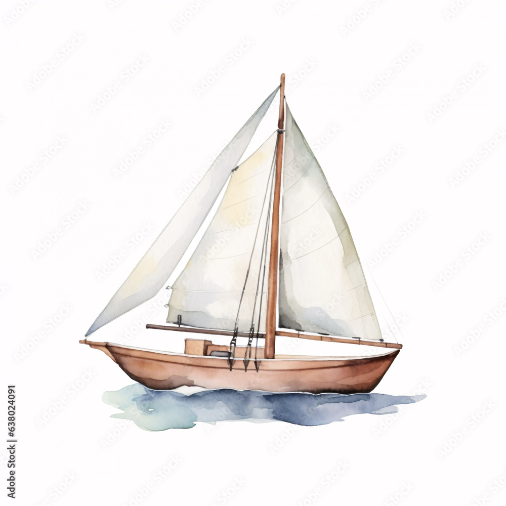 Hand drawn watercolor painted sailboat isolated on white background. Sailing illustration.