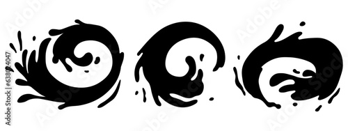 Water and juice splash liquide. Vector Illustration. Fresh juice splashed, burst of flavor expressed visually A black wave, signature of seas endless motion A drop shape, distilled representation of