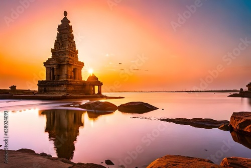 Bask in the ethereal beauty of the Shore Temple at dawn  a UNESCO World Heritage Site built by the Pallavas in Tamil Nadu  India. As the morning light paints the sky with hues of gold and pink.