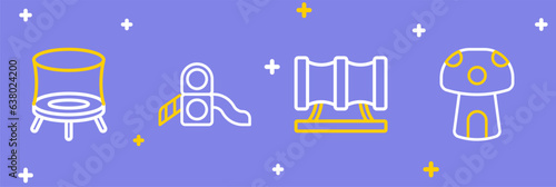 Set line Mushroom house, Kid playground slide pipe, Slide and Jumping trampoline icon. Vector