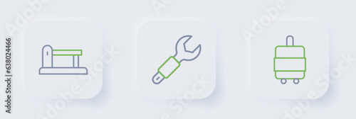Set line Suitcase, Wrench spanner and Railway, railroad track icon. Vector