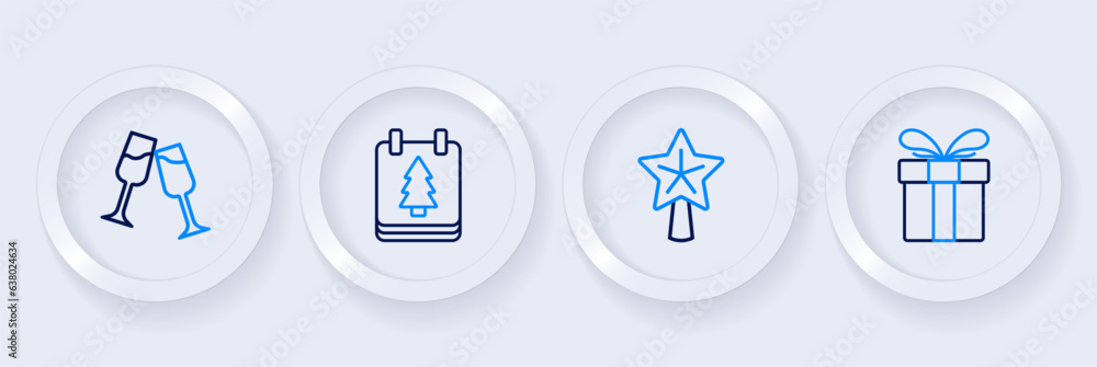 Set line Gift box, Christmas star, day calendar and Glass of champagne icon. Vector Set line Gift box, Christmas star, day calendar and Glass of champagne icon. Vector