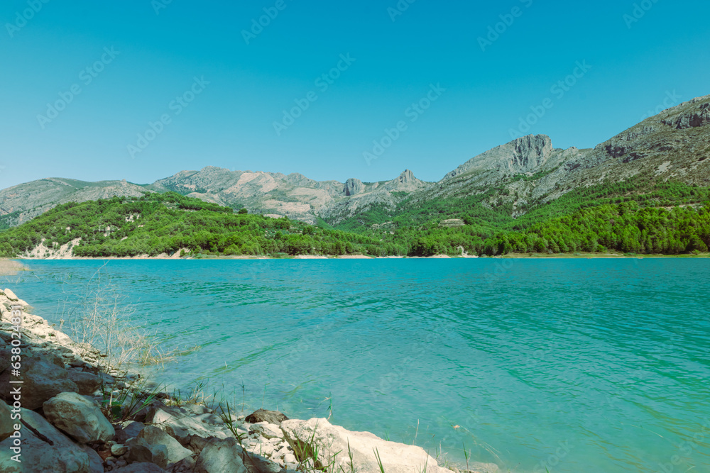 Panoramic view of mountain lake, national park. High quality photo