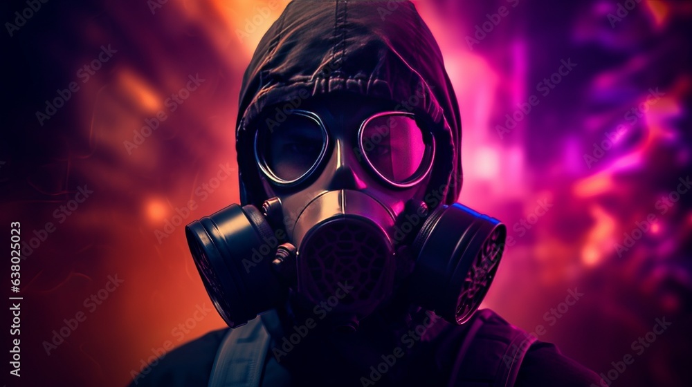 Illustration of a man wearing a gas mask in a dimly lit room Illustration of a man wearing a gas mask in a dimly lit room