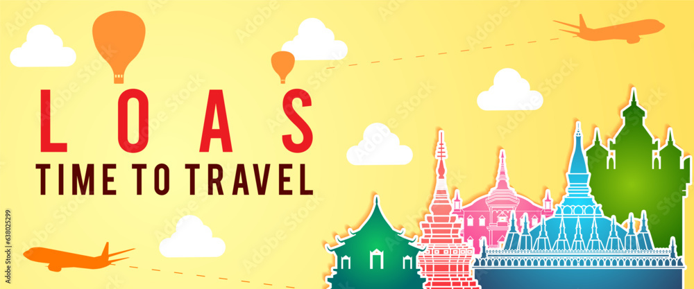 yellow banner of Loas famous landmark silhouette colorful style,plane and balloon fly around with cloud,vector illustration