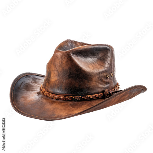 a brown leather Cowboy hat in a western-themed, illustration in a PNG, cutout, and isolated. Generative ai