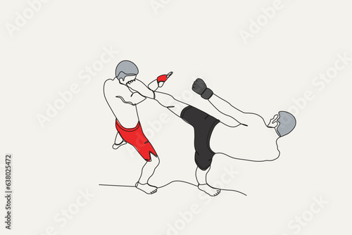 Color illustration of two men participating in a boxing match. UFC one-line drawing
