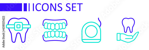 Set line Tooth, Dental floss, Dentures model and Teeth with braces icon. Vector