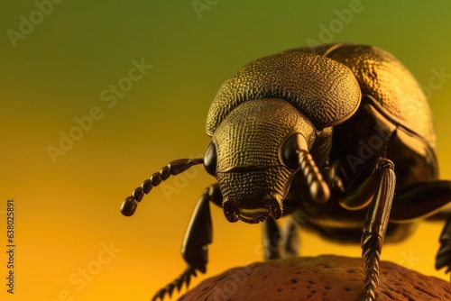 A close up of a beetle on a hazy green background