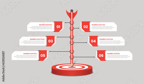 Six steps infographic template with a standing pencil on a circular target center