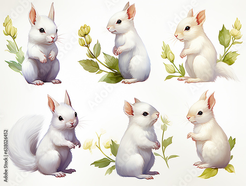 set di scoiattoli bianchi  in stile acquerello su sfondo bianco, pose differenti photo