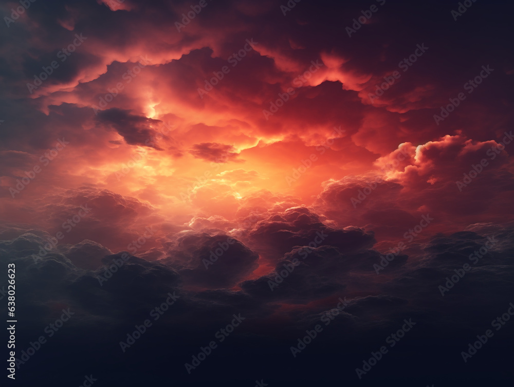 Fototapeta premium A dramatic sky with dark storm clouds and a vibrant red sunset, in the style of fantasy art, with a cinematic feel