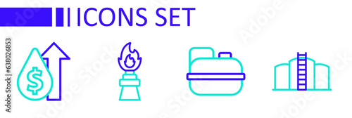 Set line Oil tank storage, Canister for gasoline, rig with fire and price increase icon. Vector