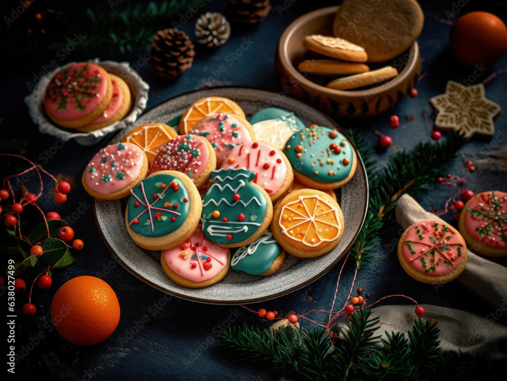 Assortment homemade sugar cookies with festive decoration