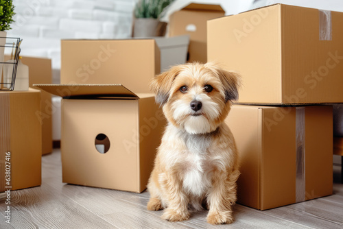 Cute dog sitting near stack of cardboard boxes with household belongings and potted home plants in empty living room. Moving to new home, relocation, renovation, removals and delivery service concept © vejaa
