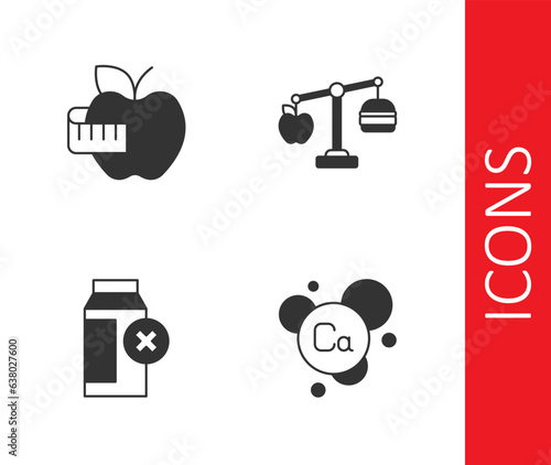 Set Calcium, Apple and measuring tape, Lactose intolerance and Calorie calculator icon. Vector