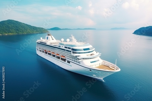 A white cruise ship is anchored in a tropical bay. Cruise Ship - aerial view.