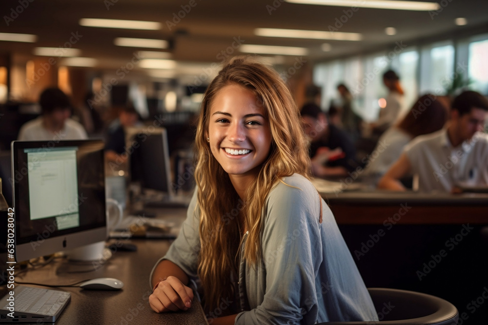 Fototapeta premium University Library Focused Bright Caucasian Girl Works on Assignment, Looking at the Camera and Smiles.