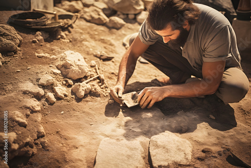 Archeologist delicately uncovering artifacts at an excavation site. photo