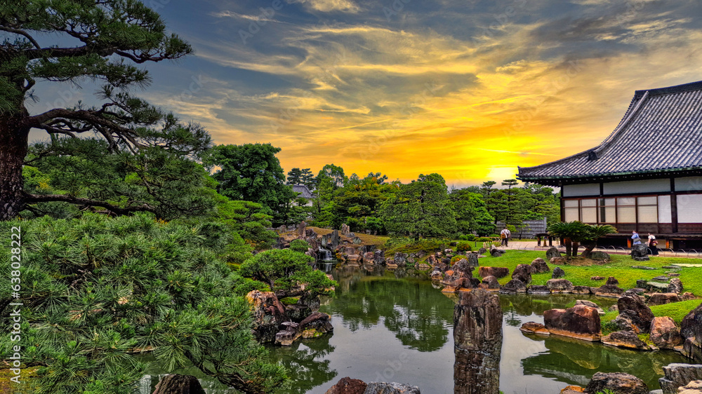 Incredibly beautiful landscape at sunset, golden hour, in Kyoto, Japan