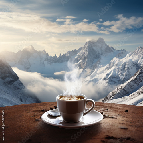 Close-up of a hot coffee cup with behind a beautiful view of the snowy mountains. Travel and Landscapes Concept Banner.