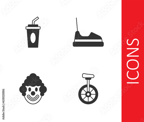 Set Unicycle, Paper glass with water, Clown head and Bumper car icon. Vector