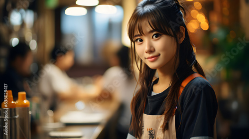 Portrait of Japanese Waitress Working in Restaurant. Generative AI