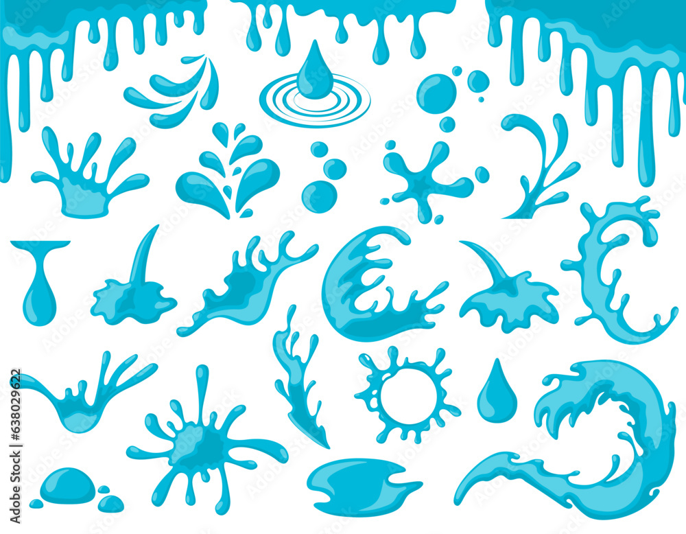 Water splashes, waves, drops set in cartoon flat style. Ocean or sea splatters and water spray, falling droplets, paint stain. Water splashes, waves, drops set in cartoon flat style. Ocean or sea splatters and water spray, falling droplets, paint stain.