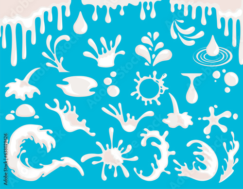 White milk splashes, waves, drops in flat style set. Yogurt splatters and cream spray, falling droplets, paint stains collection. Running or dripping milk product.