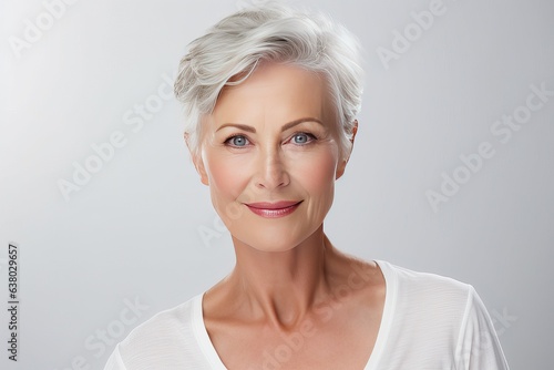Short haired middle aged woman. Women s health care concept. Luxurious middle-aged woman with a short gray hair looking at camera.