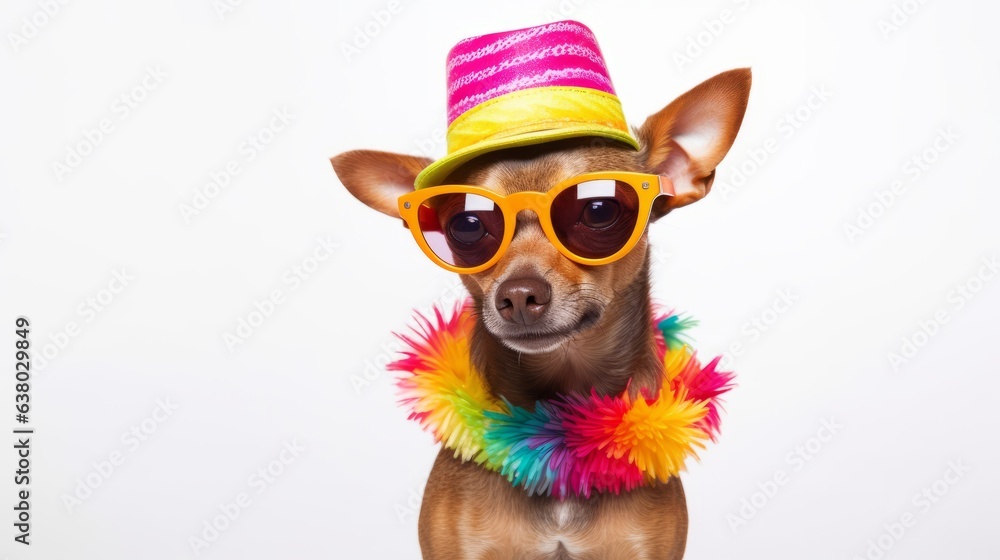 A stylish small dog rocking sunglasses and a hat
