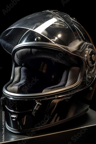 Biker helmet on black background. Generative AI.