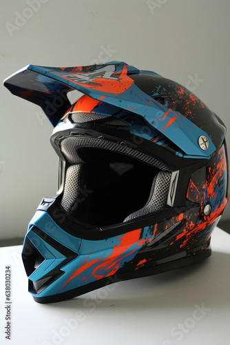 Biker helmet on color background. Generative AI.