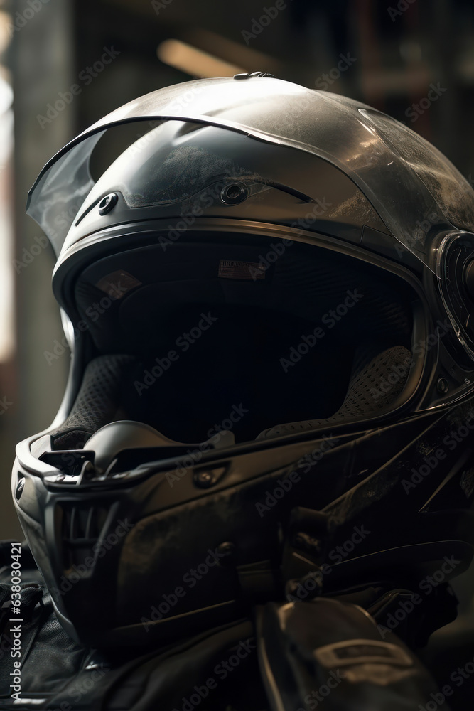 Biker helmet on black background. Generative AI. Biker helmet on black background. Generative AI.
