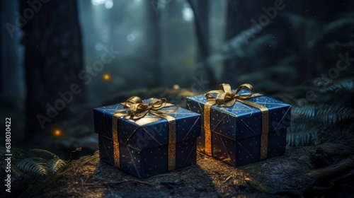 Beautifully wrapped presents nestled in the enchanting embrace of a lush forest