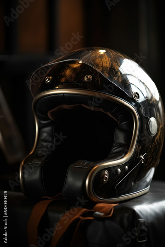 Biker helmet on black background. Generative AI.