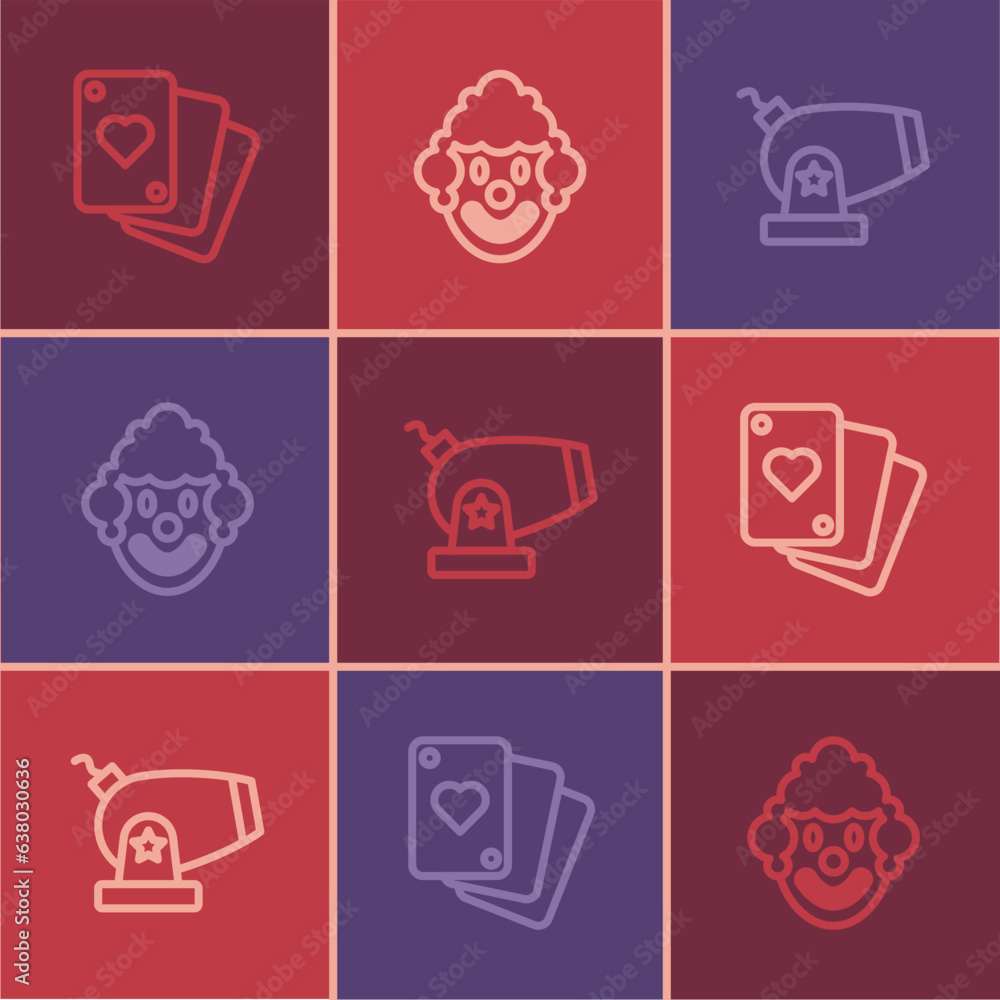 Fototapeta premium Set line Playing cards, Cannon and Clown head icon. Vector