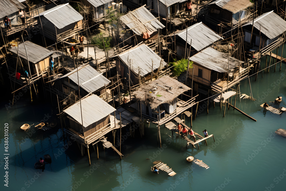 Overhead View Of A Community Built On Stilts In Response To Rising Sea overhead-view-of-a-community-built-on-stilts-in-response-to-rising-sea