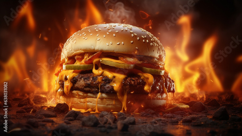 Gros plan hamburger pour vos présentations de produit. Avec du feu de la fumée et des braises, délicieux et impactant.