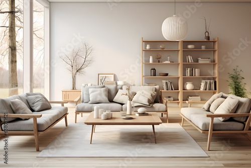 Scandinavian living area with muted colors natural wood and an emphasis on functionality. photo