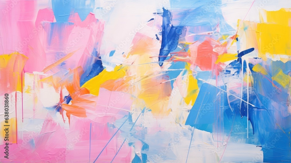 Abstract oil painting on canvas. Paint spots. Paint strokes blue. pink, yellow created with Generative AI technology.