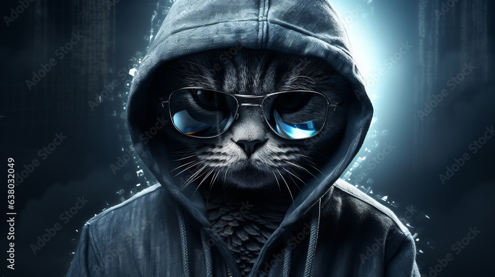 A cat hacker wearing a hoodie on dark abstract background A cat hacker wearing a hoodie on dark abstract background