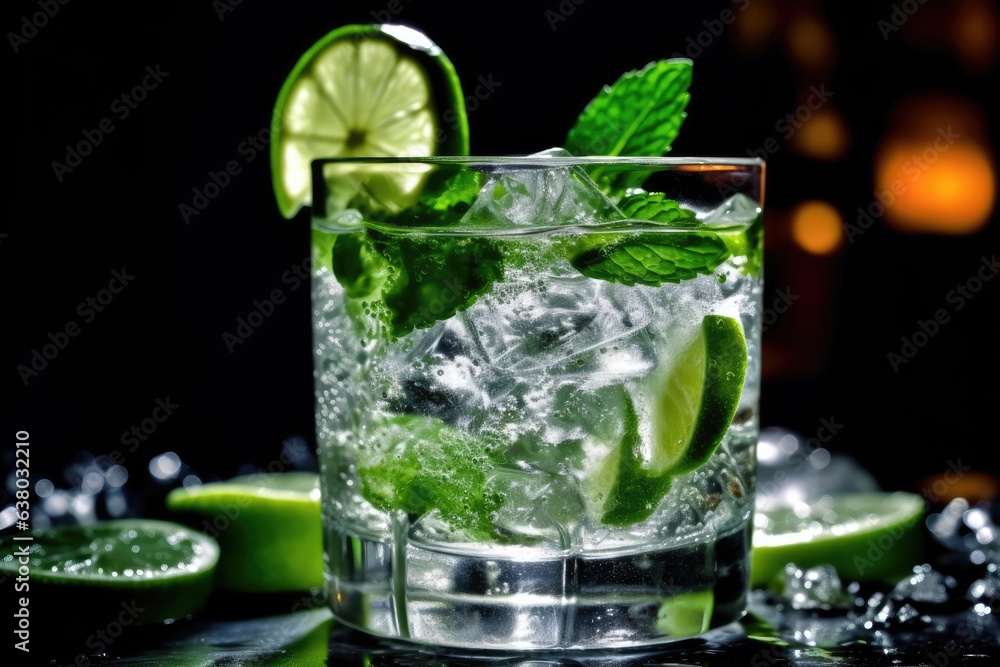 Drink at a restaurant or bar counter with ice and cucumber. Gin, lime juice, mint, cucumber, and fresh tonic water. Coolers for alcoholic beverages at a club with a dark backdrop Drink at a restaurant or bar counter with ice and cucumber. Gin, lime juice, mint, cucumber, and fresh tonic water. Coolers for alcoholic beverages at a club with a dark backdrop
