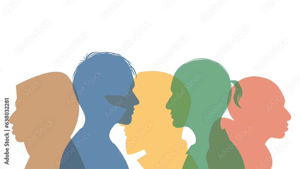 Silhouette group of men of different colors on a white background. International men's day.Diversity concept. Vector stock illustration.