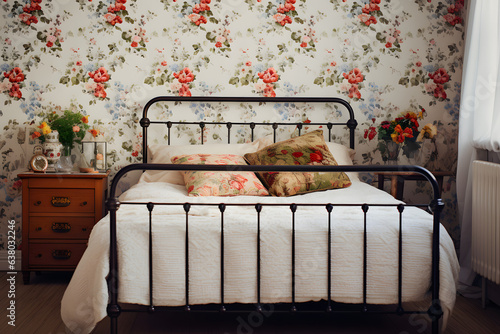 Vintage-inspired bedroom with floral wallpaper and a classic wrought-iron bed frame. photo