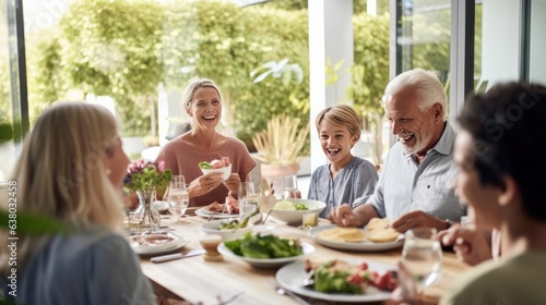 Happy multi-generation family having fun during a lunch