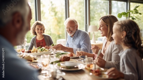 Happy multi-generation family having fun during a lunch