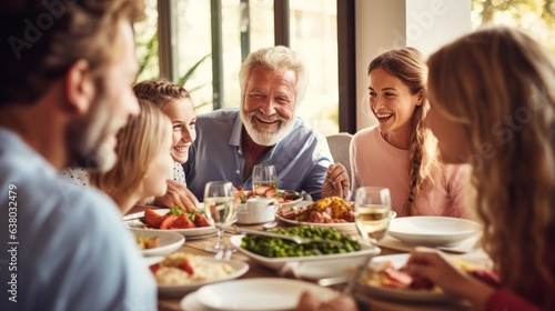 Happy multi-generation family having fun during a lunch